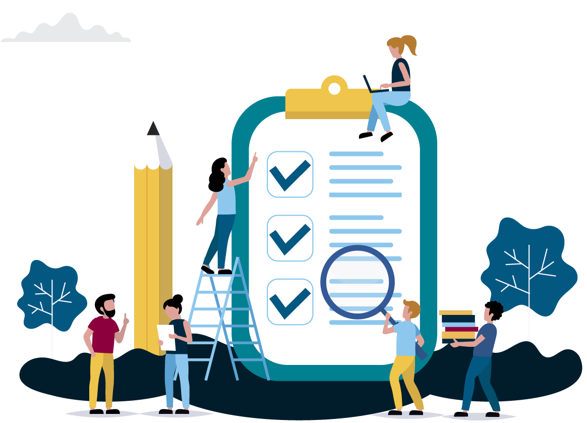 Flat Isometric Design of 6 People, Large Clipboard, and Pencil